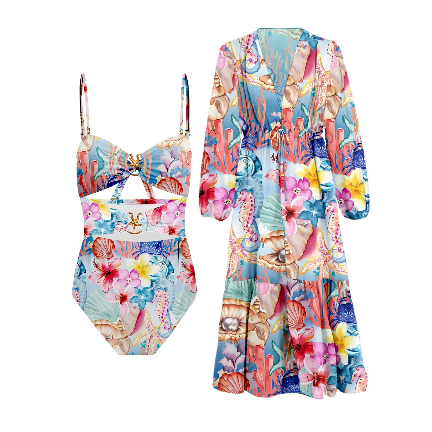 Leaves Print One-Piece Swimwear with Cover-Up – Sexy Bodysuit for Women