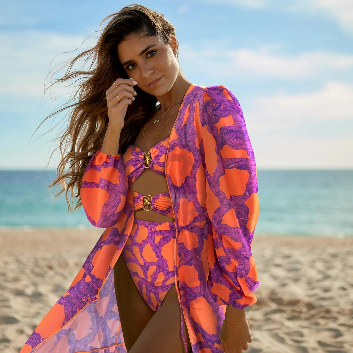 Leaves Print One-Piece Swimwear with Cover-Up – Sexy Bodysuit for Women