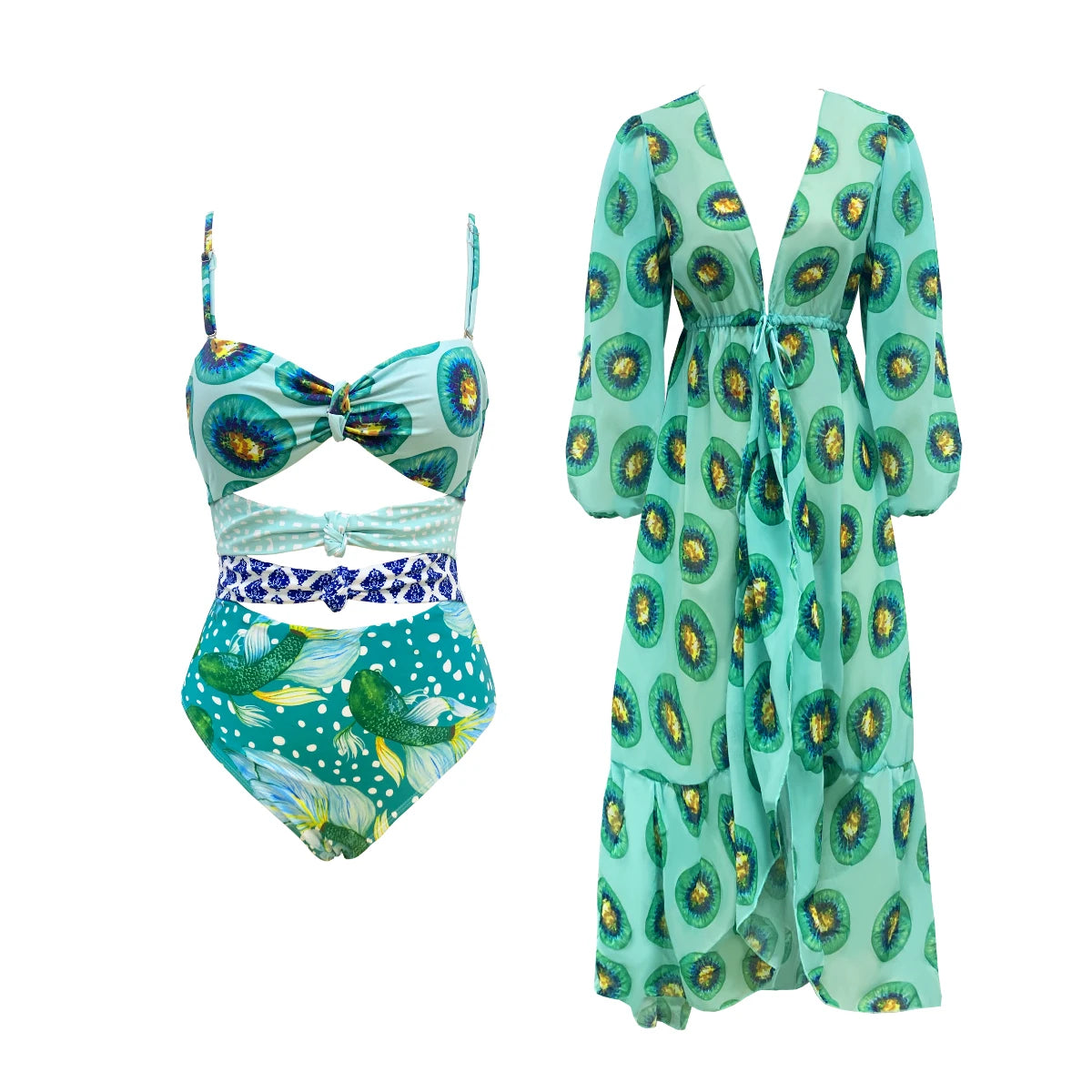Leaves Print One-Piece Swimwear with Cover-Up – Sexy Bodysuit for Women