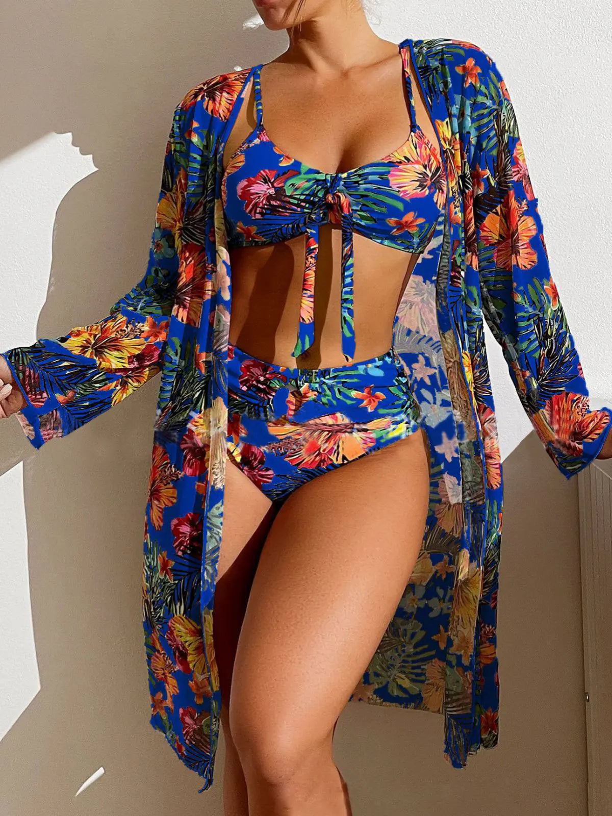 Floral 3-Piece Bikini Set with Mesh Blouse – High Waist, Bra Top with Pad for Women