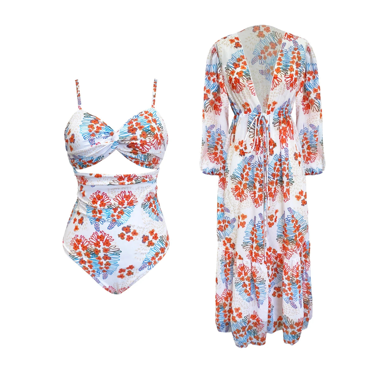 Leaves Print One-Piece Swimwear with Cover-Up – Sexy Bodysuit for Women