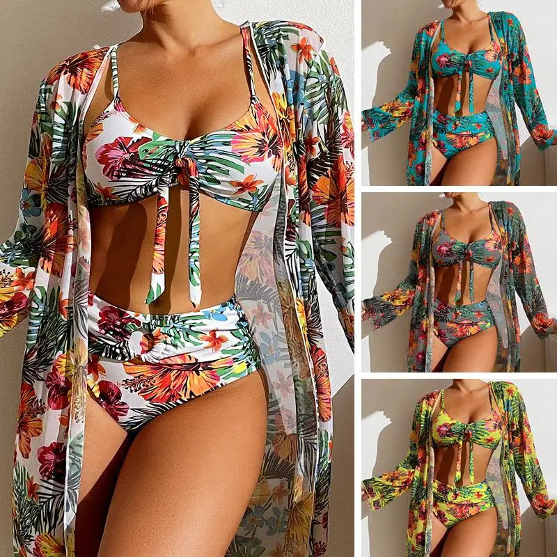 Floral 3-Piece Bikini Set with Mesh Blouse – High Waist, Bra Top with Pad for Women