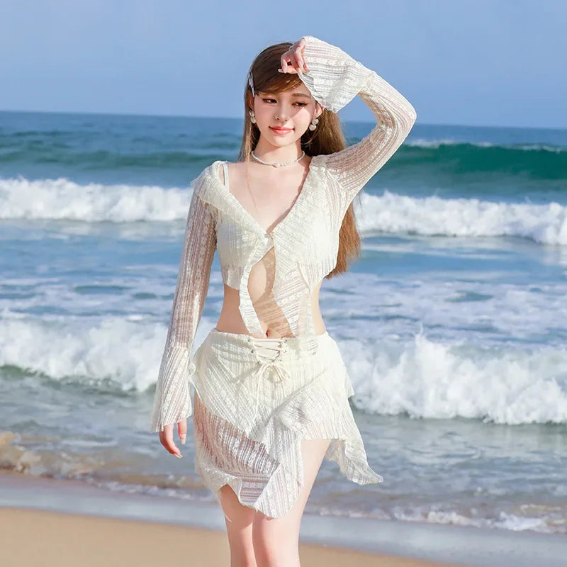 3-Piece Lace-Up Bikini Set with Long Sleeve Cover – Vintage European Beachwear