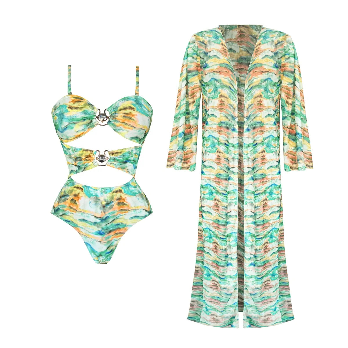 Leaves Print One-Piece Swimwear with Cover-Up – Sexy Bodysuit for Women