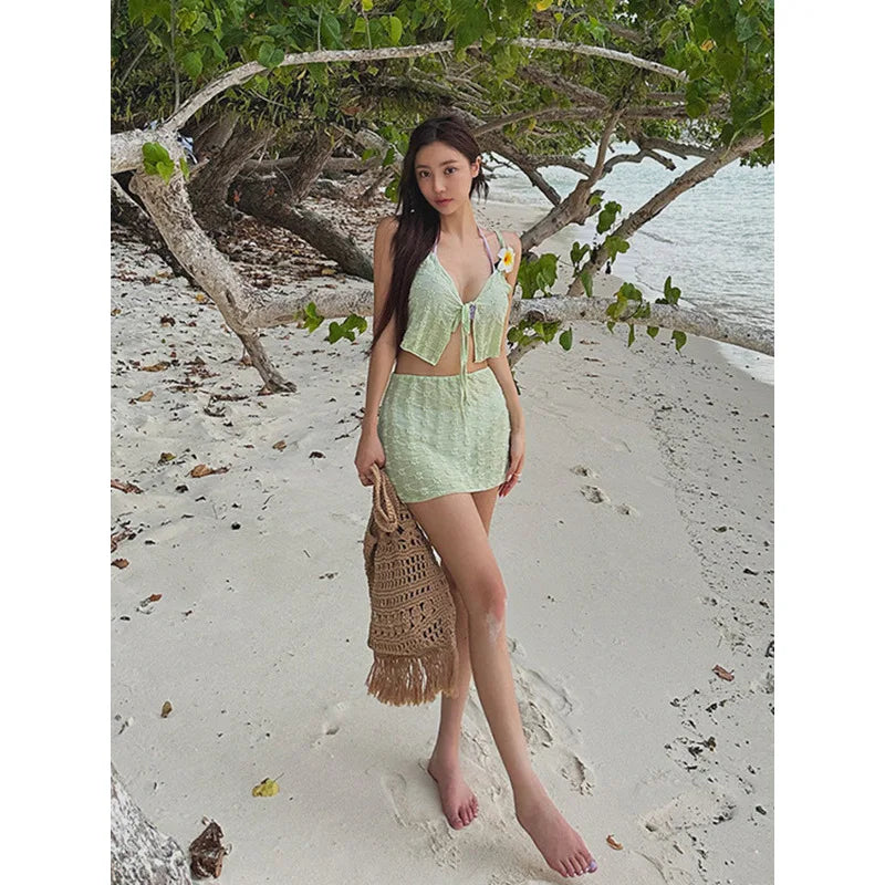 Hot Girl Lace Bikini Set – High Waist Swimsuit with Cover-Up