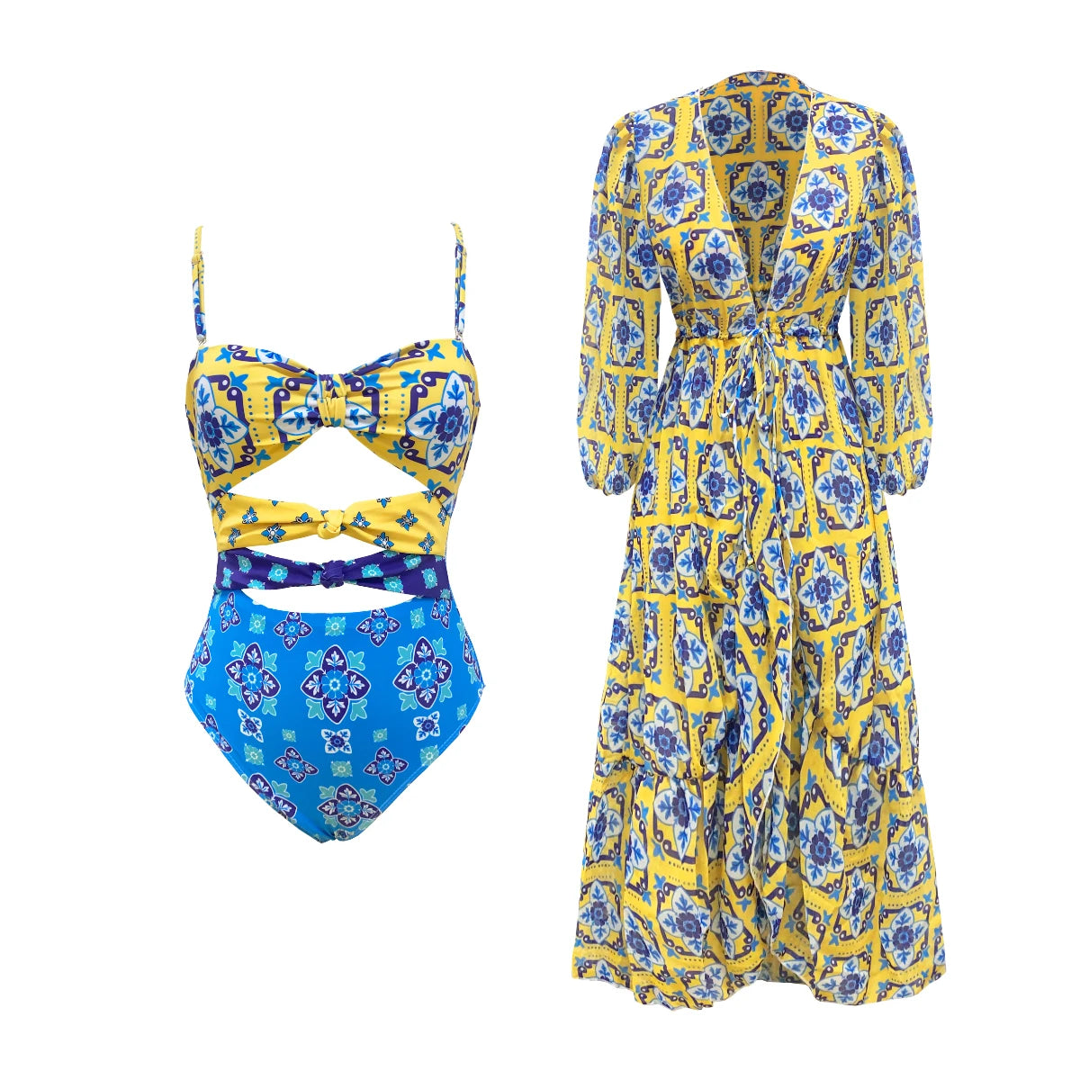 Leaves Print One-Piece Swimwear with Cover-Up – Sexy Bodysuit for Women