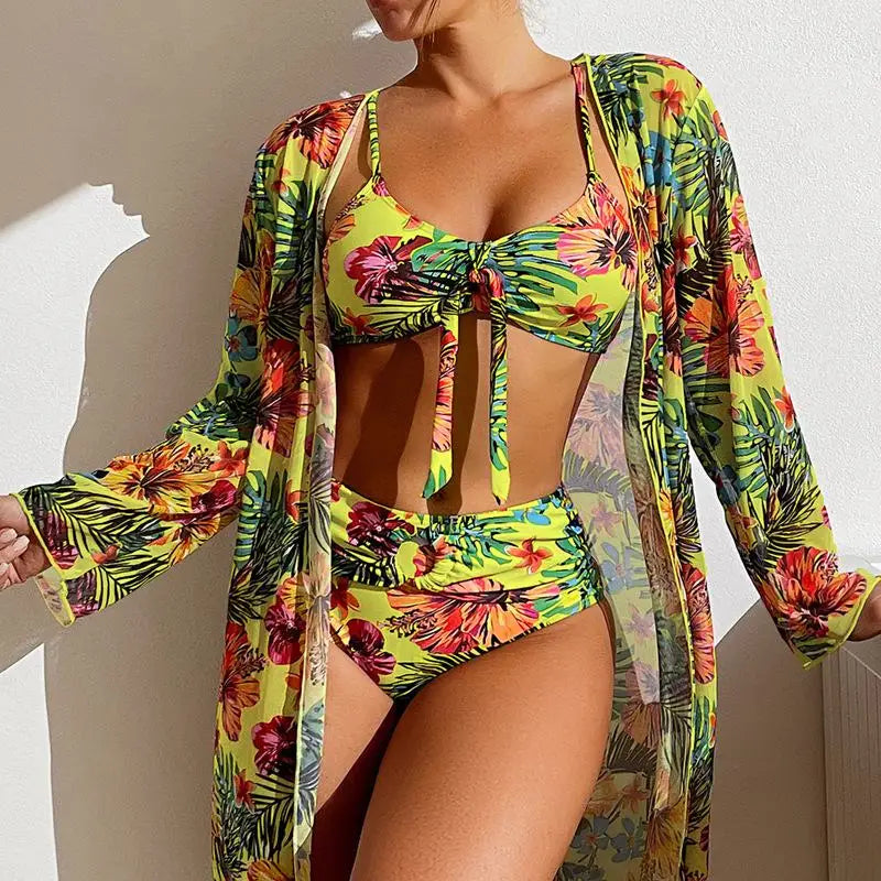 Floral 3-Piece Bikini Set with Mesh Blouse – High Waist, Bra Top with Pad for Women