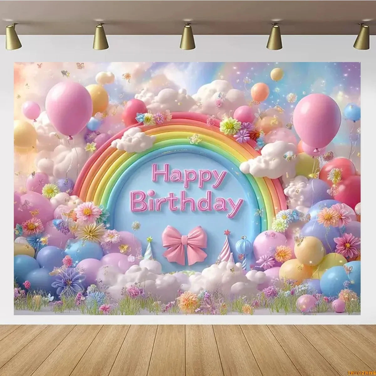 Pink Castle Birthday Backdrop – Rainbow Balloon Party Background for Girls' Photoshoots