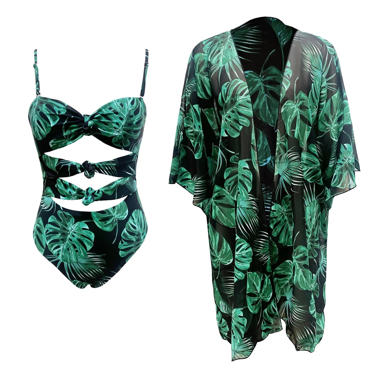 Leaves Print One-Piece Swimwear with Cover-Up – Sexy Bodysuit for Women