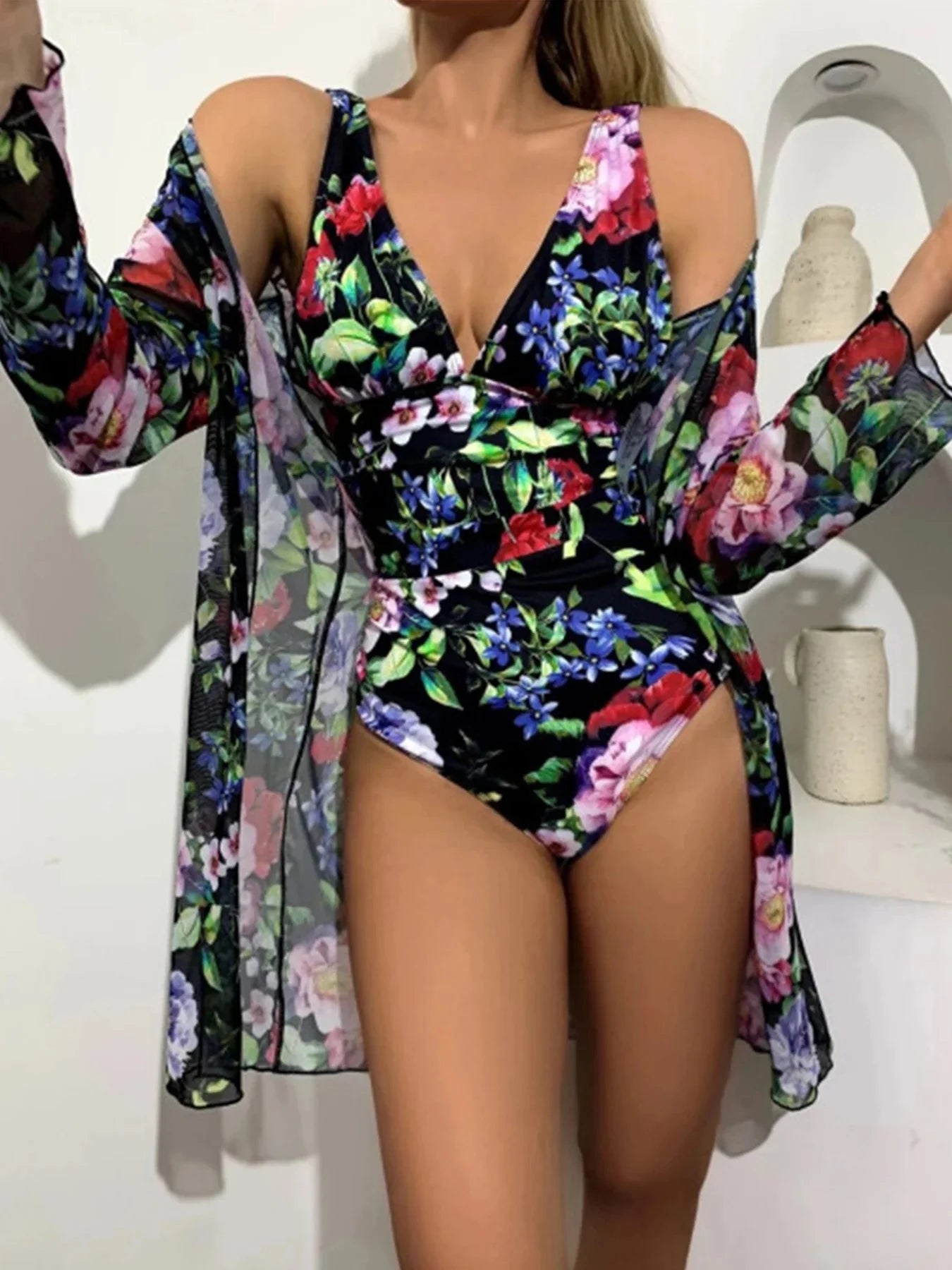 Floral One-Piece Swimsuit with Cover-Up – Deep V Push-Up Bathing Suit for Women