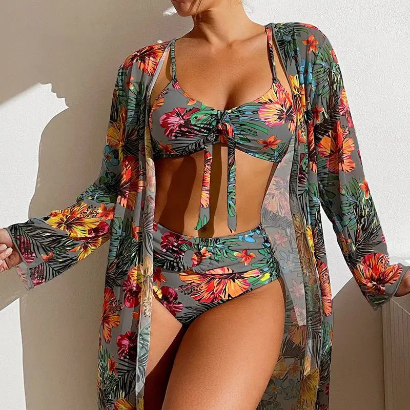 Floral 3-Piece Bikini Set with Mesh Blouse – High Waist, Bra Top with Pad for Women