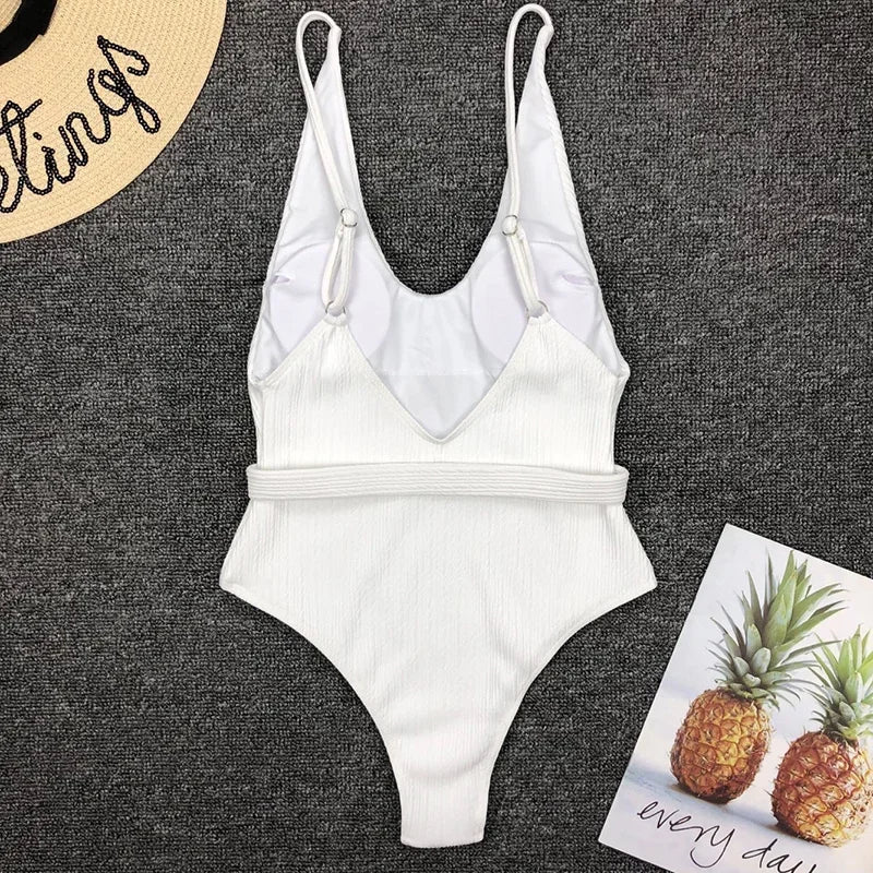 Sexy V-Neck One-Piece Monokini Swimsuit – White Beach Bodysuit for Women