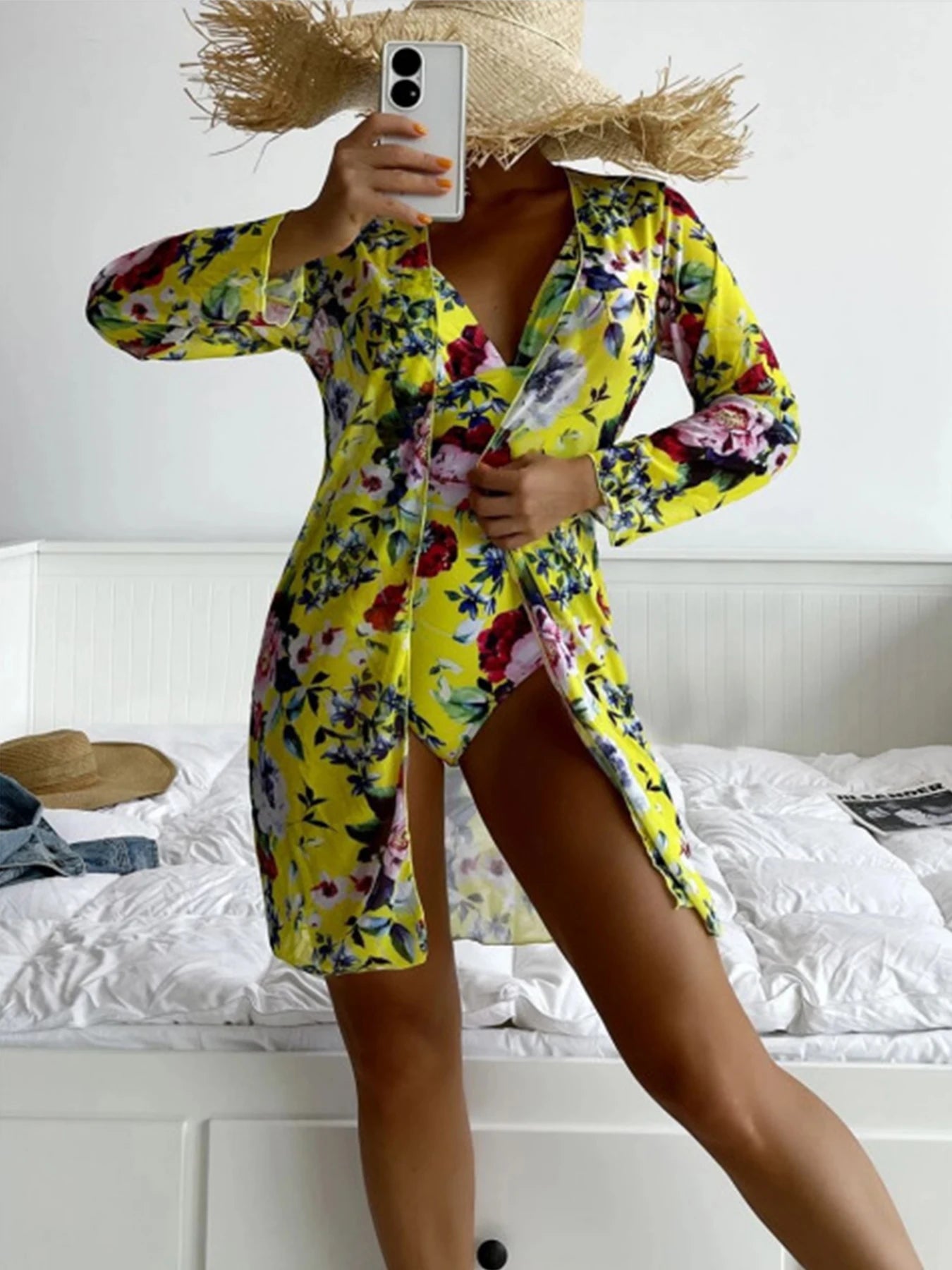 Floral One-Piece Swimsuit with Cover-Up – Deep V Push-Up Bathing Suit for Women