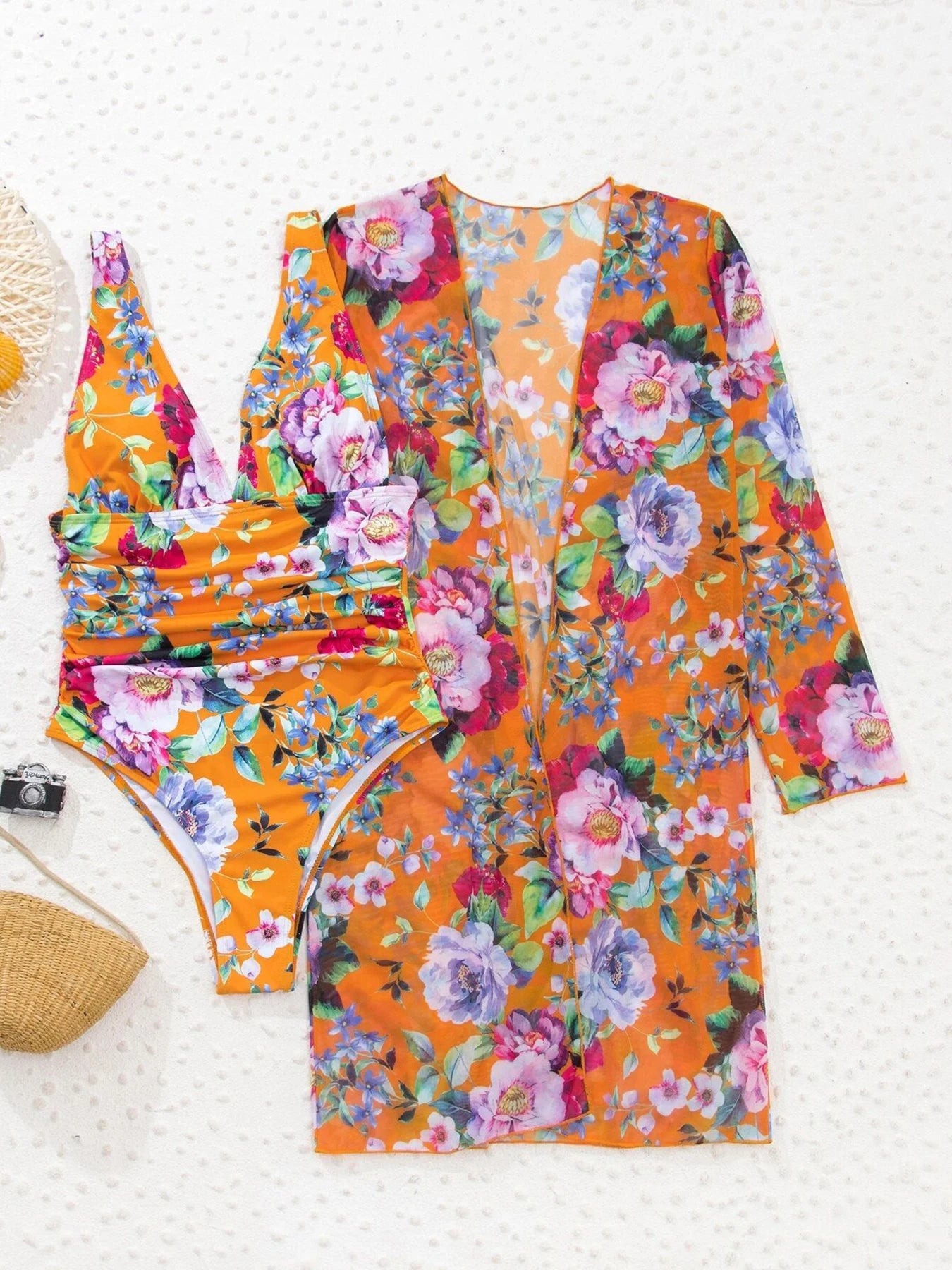 Floral One-Piece Swimsuit with Cover-Up – Deep V Push-Up Bathing Suit for Women