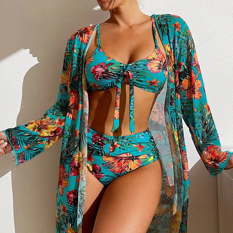 Floral 3-Piece Bikini Set with Mesh Blouse – High Waist, Bra Top with Pad for Women