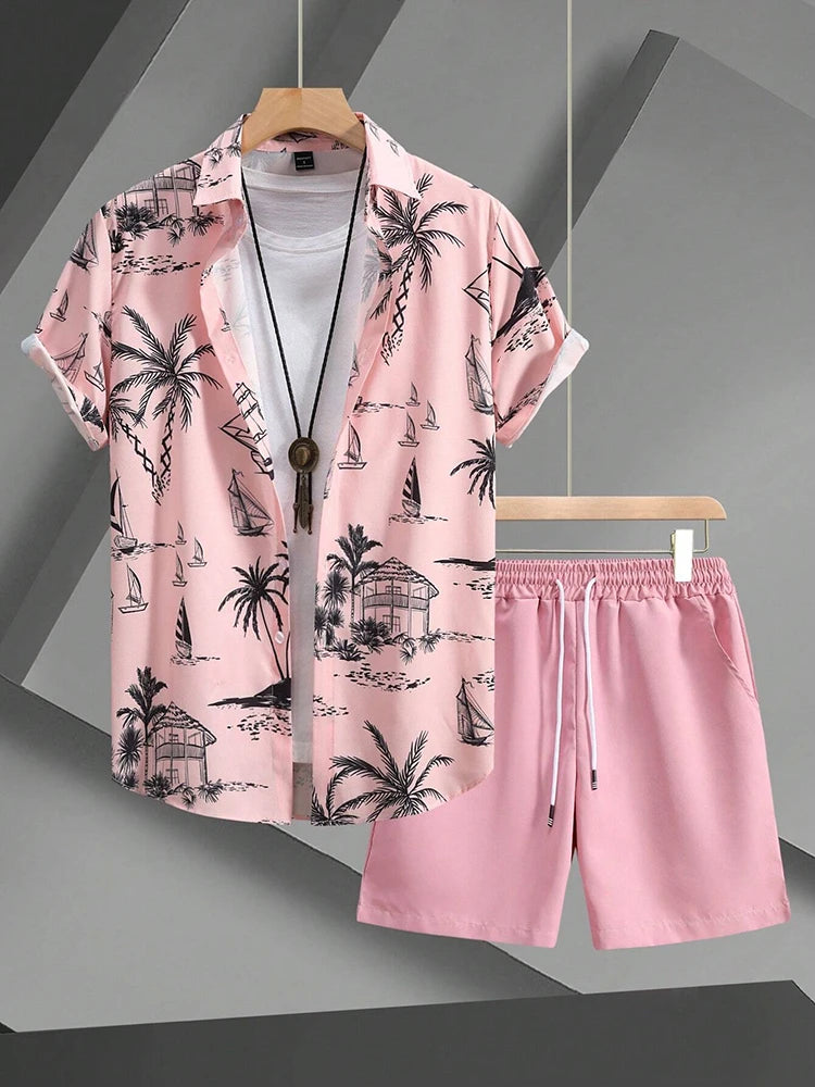 Men’s Hawaiian Coconut Tree Shirt & Shorts Set – Beach Style 2-Piece Outfit