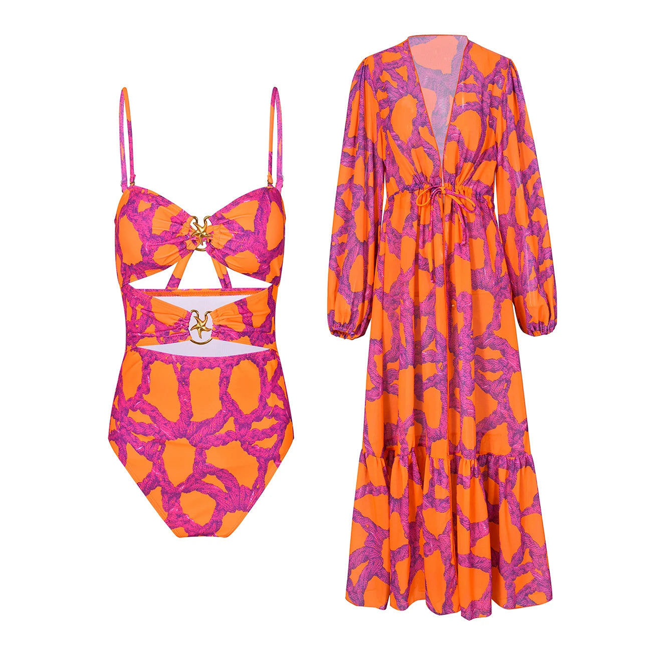 Leaves Print One-Piece Swimwear with Cover-Up – Sexy Bodysuit for Women
