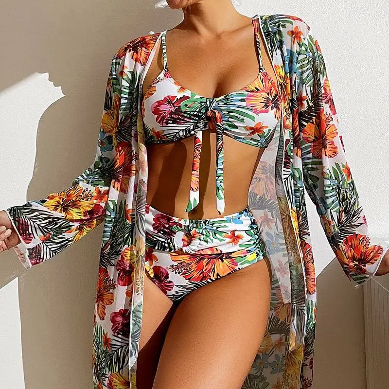 Floral 3-Piece Bikini Set with Mesh Blouse – High Waist, Bra Top with Pad for Women