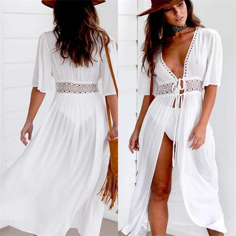 3XL Plus Size Beach Long Maxi Dress Women Bikini Cover Up Tunic Pareo White V Neck Dress Robe Swimwear Bathing Suit Beachwear