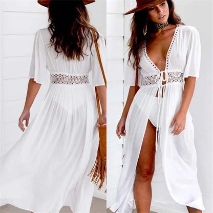 3XL Plus Size Beach Long Maxi Dress Women Bikini Cover Up Tunic Pareo White V Neck Dress Robe Swimwear Bathing Suit Beachwear