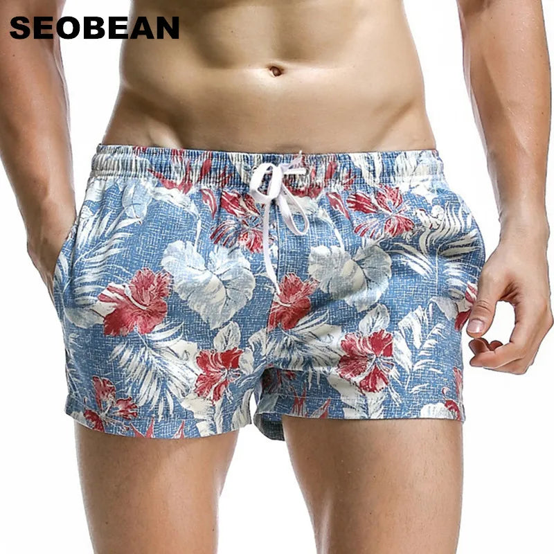 SEOBEAN Men's Summer Coconut Leaf Pattern Quick-Dry Board Shorts
