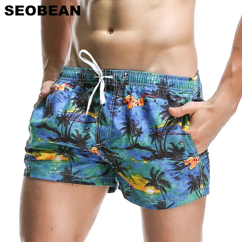 SEOBEAN Men's Summer Coconut Leaf Pattern Quick-Dry Board Shorts