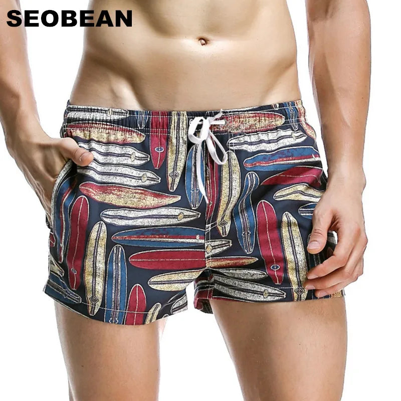 SEOBEAN Men's Summer Coconut Leaf Pattern Quick-Dry Board Shorts