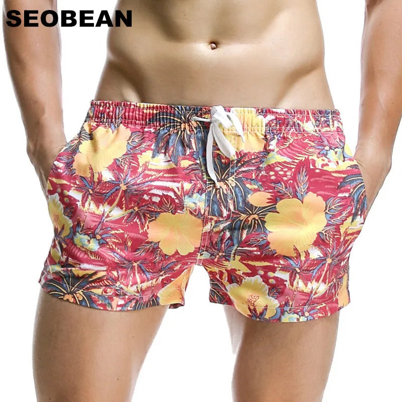 SEOBEAN Men's Summer Coconut Leaf Pattern Quick-Dry Board Shorts