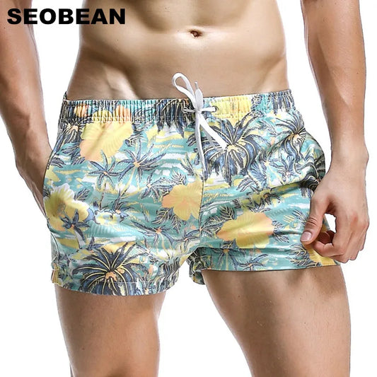 SEOBEAN Men's Summer Coconut Leaf Pattern Quick-Dry Board Shorts