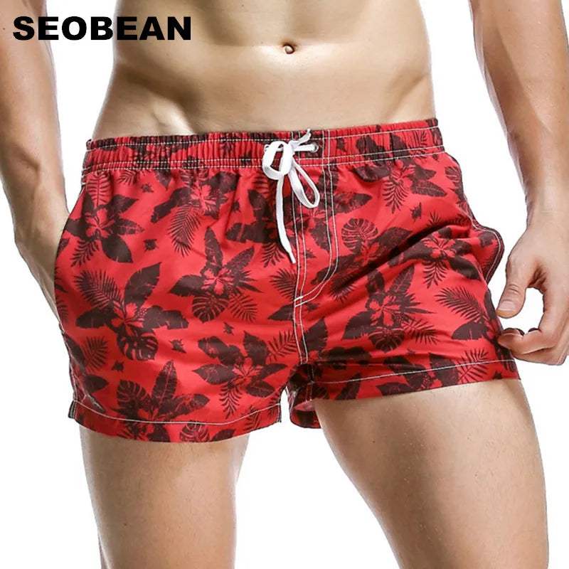 SEOBEAN Men's Summer Coconut Leaf Pattern Quick-Dry Board Shorts