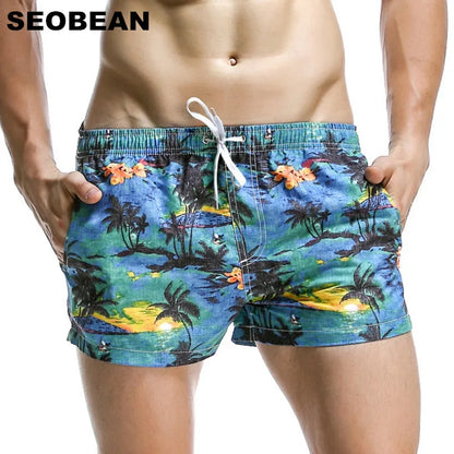 SEOBEAN Men's Summer Coconut Leaf Pattern Quick-Dry Board Shorts