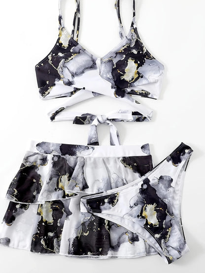 3-Piece Printed Push-Up Bikini Set with Skirt – Backless, High-Cut Beach Swimwear