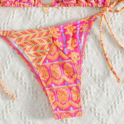 Boho Floral Bikini Set – Halter Neck, Low-Rise Bathing Suit for Women