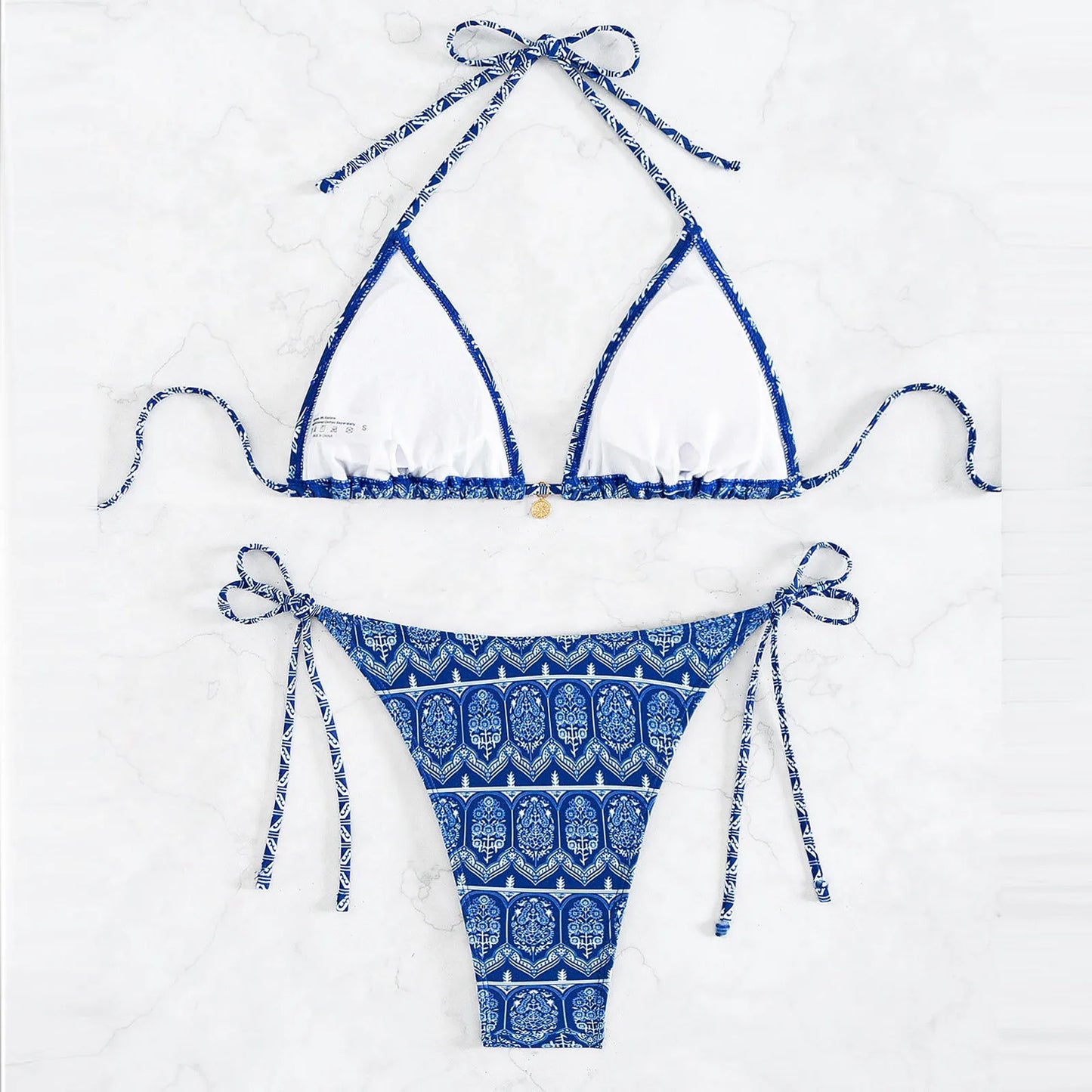 Boho Floral Bikini Set – Halter Neck, Low-Rise Bathing Suit for Women
