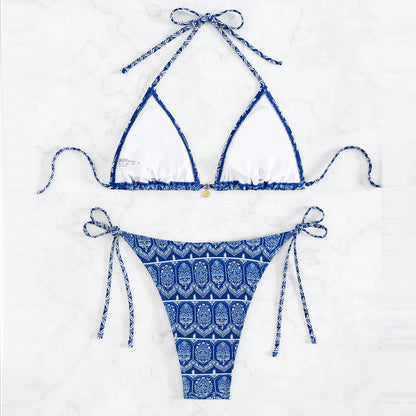Boho Floral Bikini Set – Halter Neck, Low-Rise Bathing Suit for Women