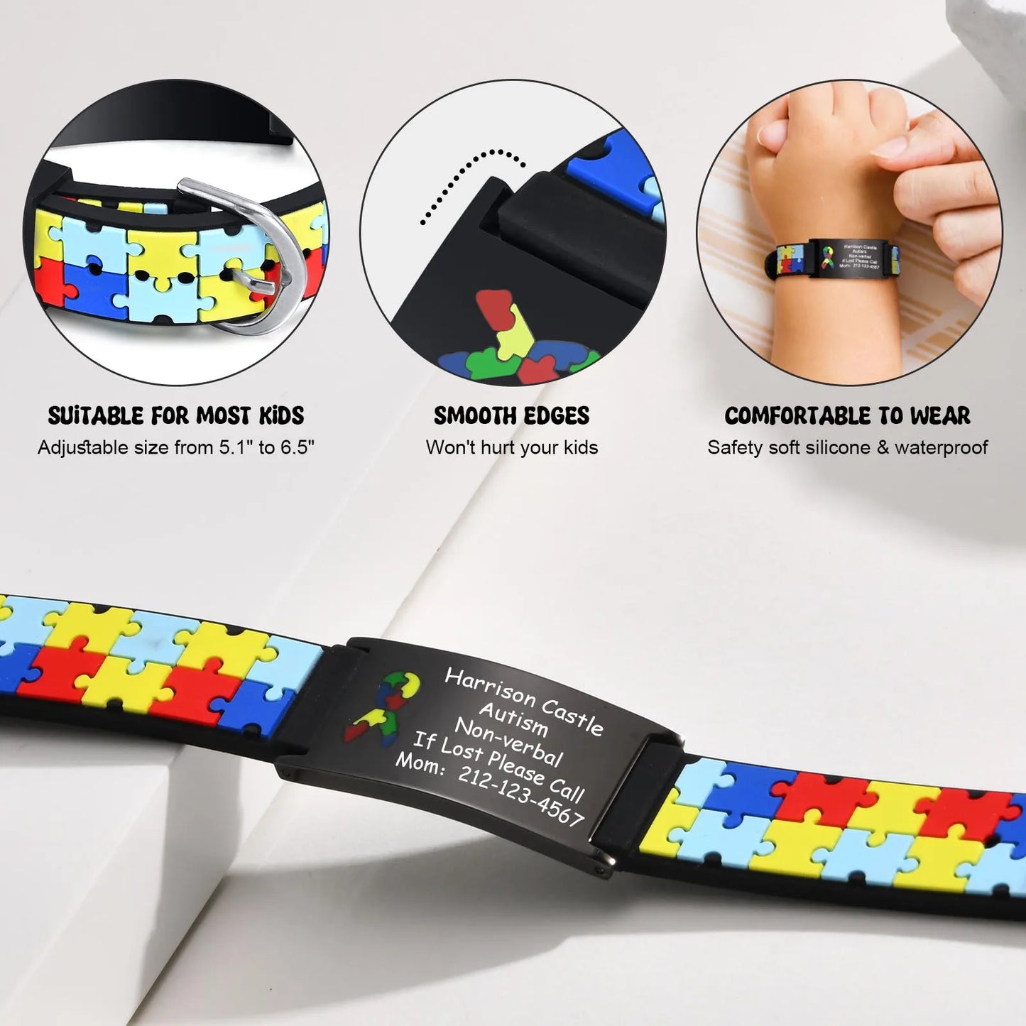 Custom Baby Name Bracelets for Boys & Girls - Personalized Autism Information Soft Silicone Wristbands