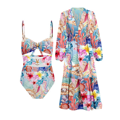 Leaves Print One-Piece Swimwear with Cover-Up – Sexy Bodysuit for Women