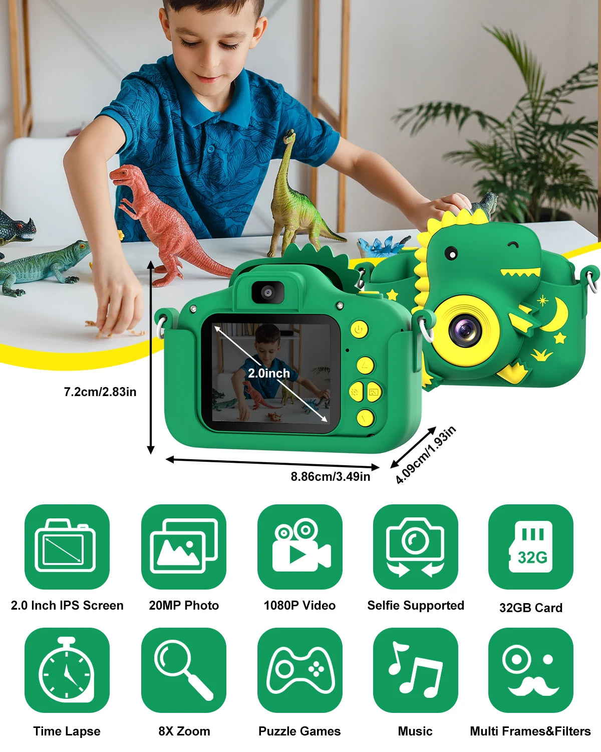 Kids Digital Cartoon Camera – 20MP Dual Lens, 1080P HD, 2.0" LCD, Rechargeable Selfie Toy Camera