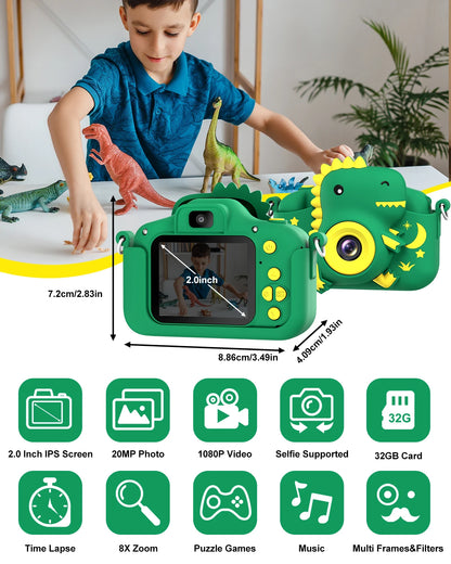 Kids Digital Cartoon Camera – 20MP Dual Lens, 1080P HD, 2.0" LCD, Rechargeable Selfie Toy Camera