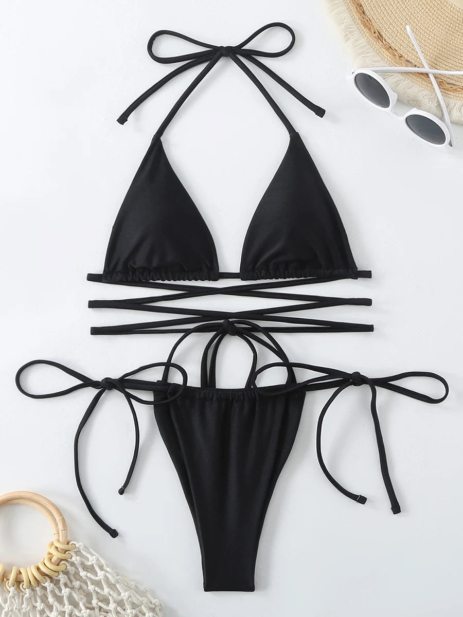 Criss-Cross Bandage Bikini Set – Lace-Up Thong 2-Piece Swimwear for Women