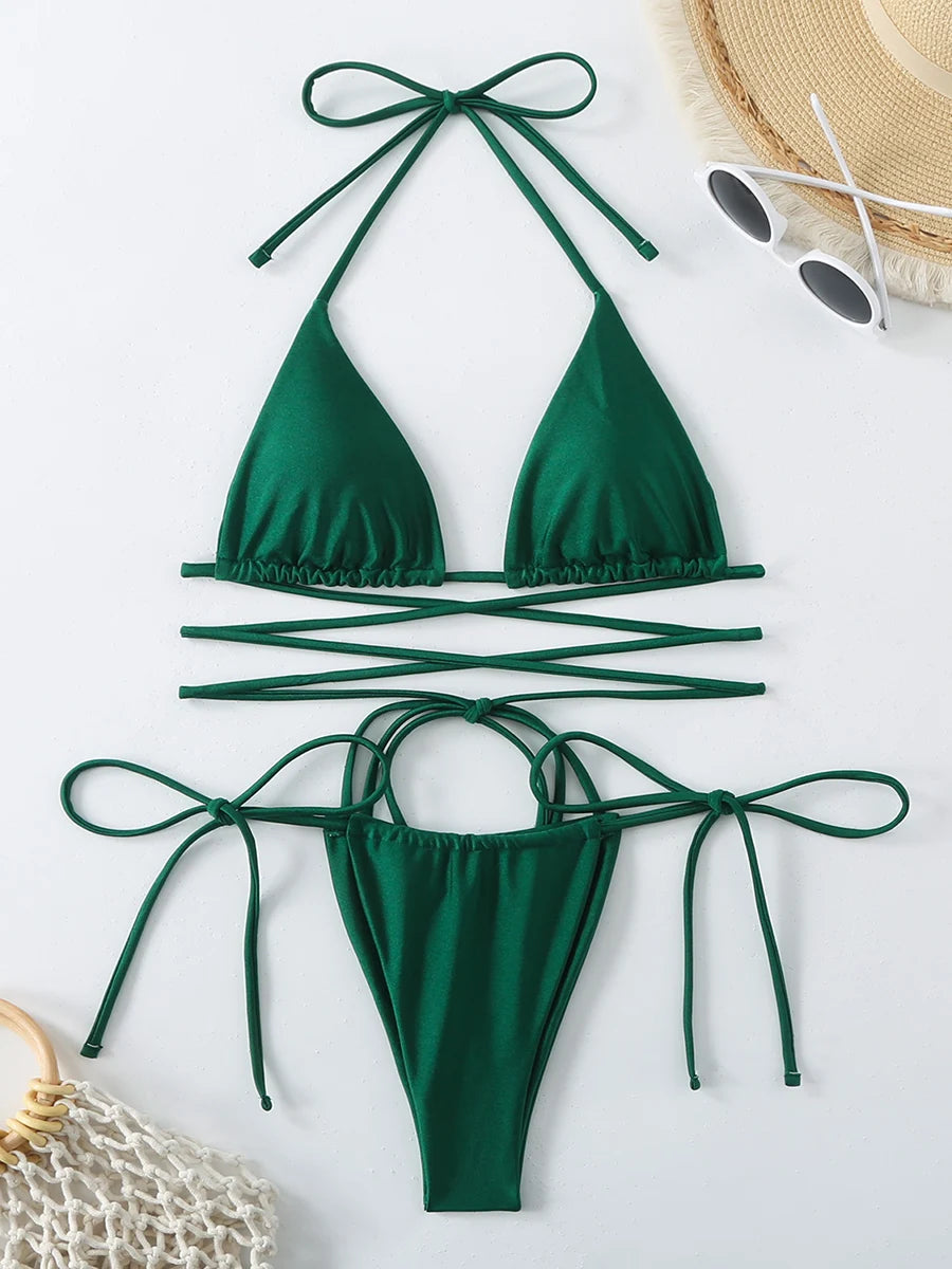 Criss-Cross Bandage Bikini Set – Lace-Up Thong 2-Piece Swimwear for Women