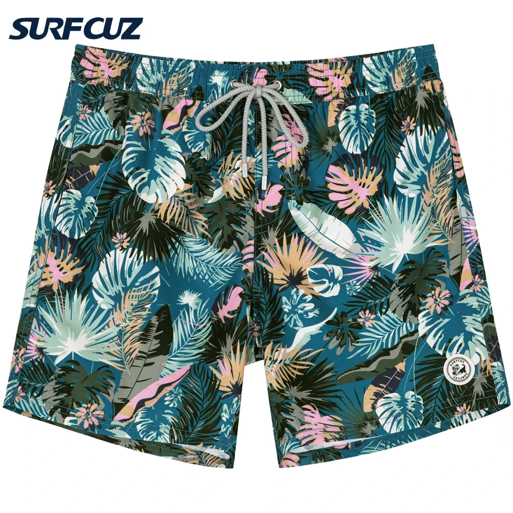 Men's Hawaiian Style Quick-Dry Swim Shorts with Mesh Lining