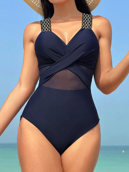Plain Ruched One-Piece Swimsuit – Ring Link Swimwear for Women