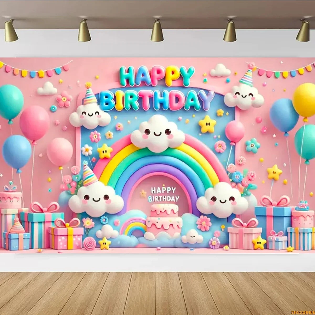 Pink Castle Birthday Backdrop – Rainbow Balloon Party Background for Girls' Photoshoots