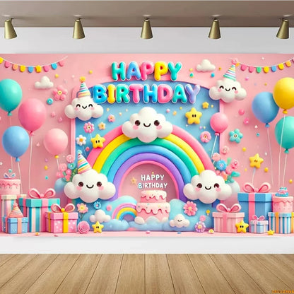 Pink Castle Birthday Backdrop – Rainbow Balloon Party Background for Girls' Photoshoots