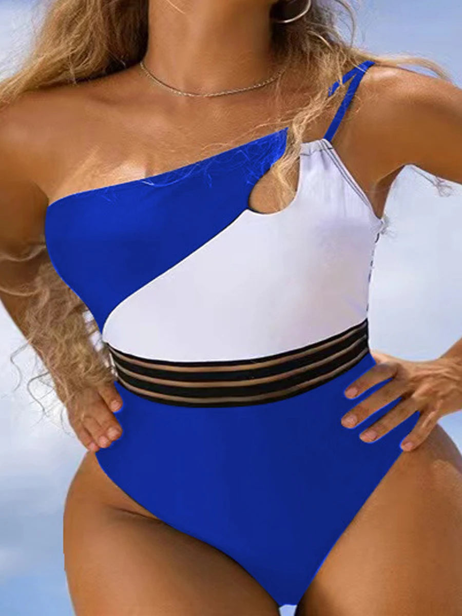 One Shoulder Cut-Out Bikini Bodysuit – Patchwork Swimwear for Women