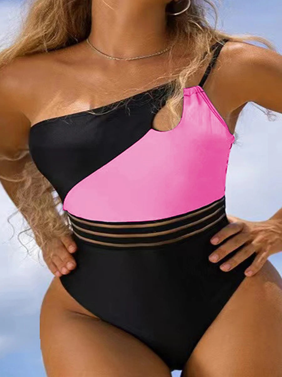 One Shoulder Cut-Out Bikini Bodysuit – Patchwork Swimwear for Women