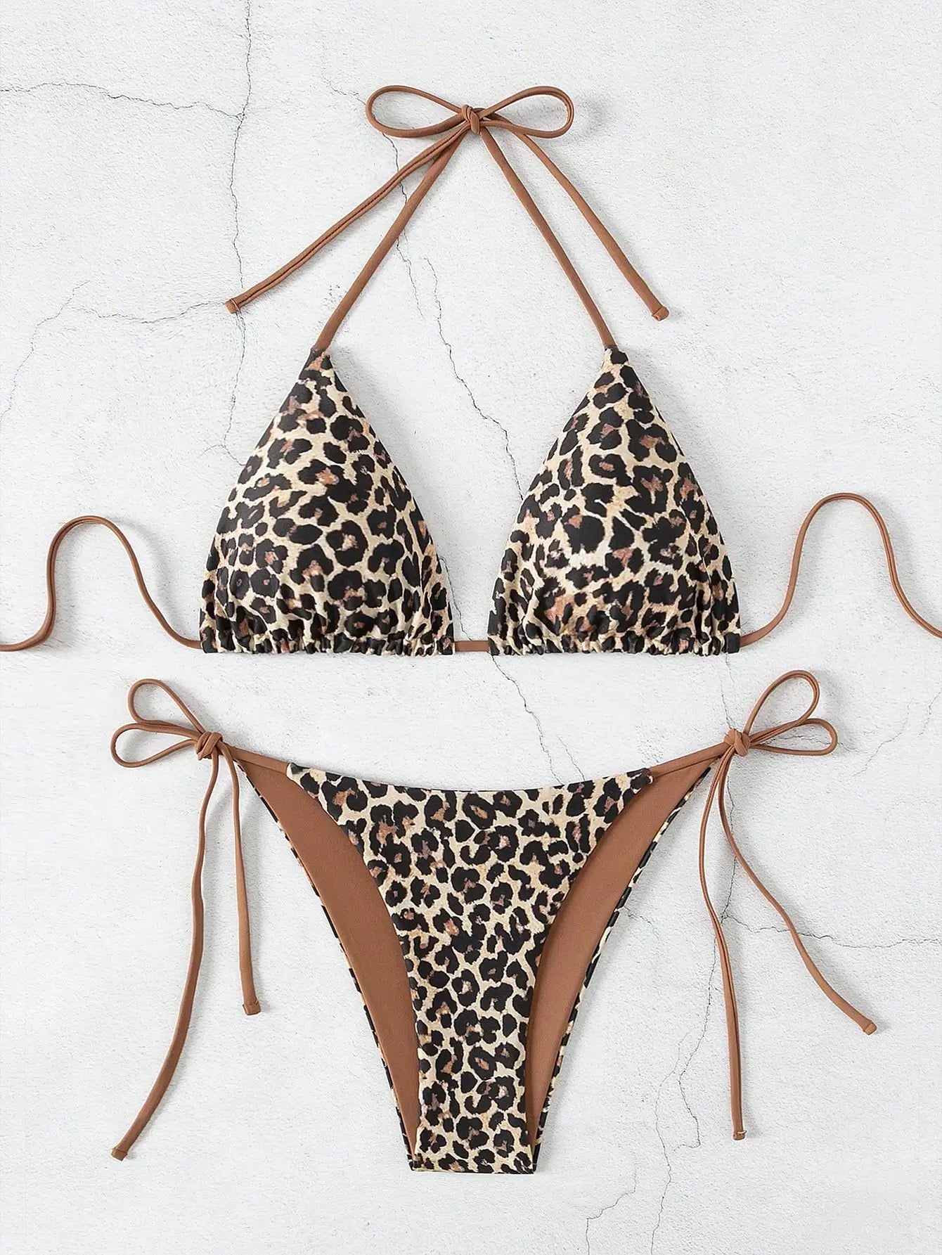 Leopard Print Suspender Bikini Set – Sexy Neck-Hanging Swimwear for Women