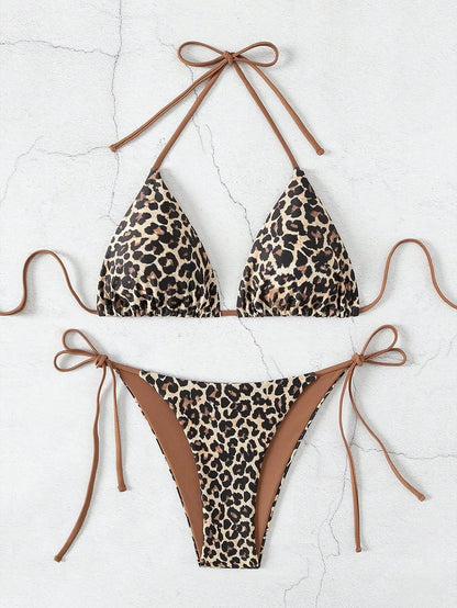 Leopard Print Suspender Bikini Set – Sexy Neck-Hanging Swimwear for Women