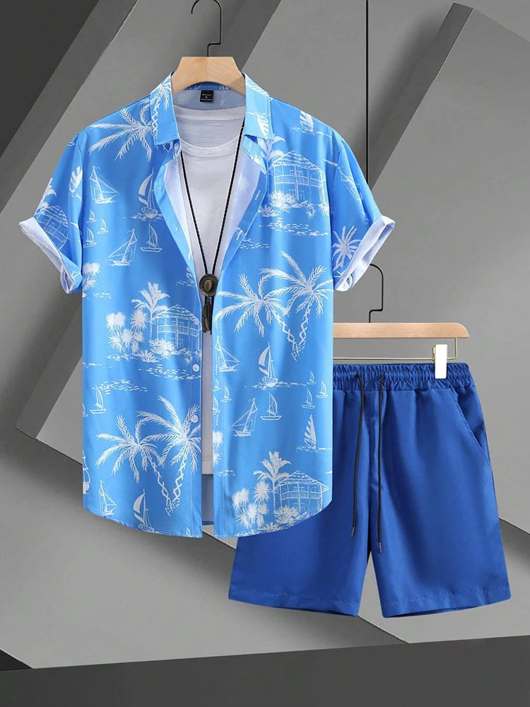 Men’s Hawaiian Coconut Tree Shirt & Shorts Set – Beach Style 2-Piece Outfit